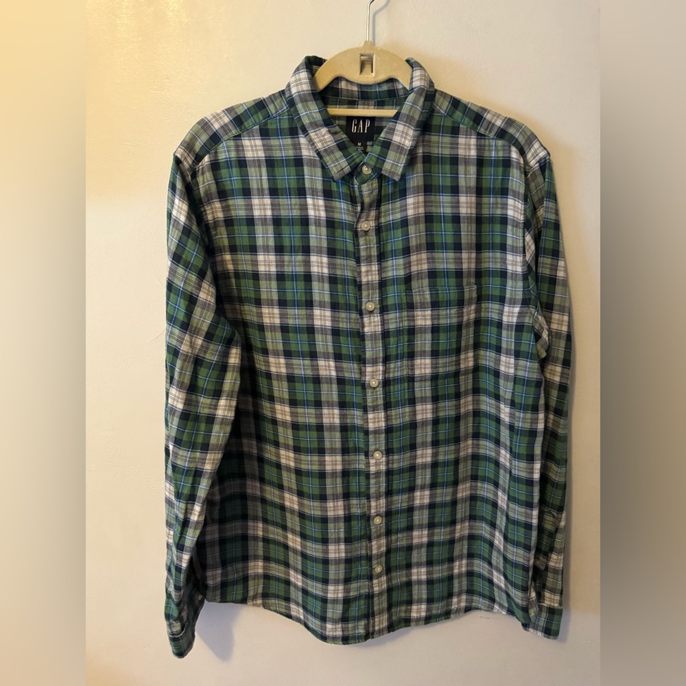 GAP Men's Blue and Green Checkered Shirt